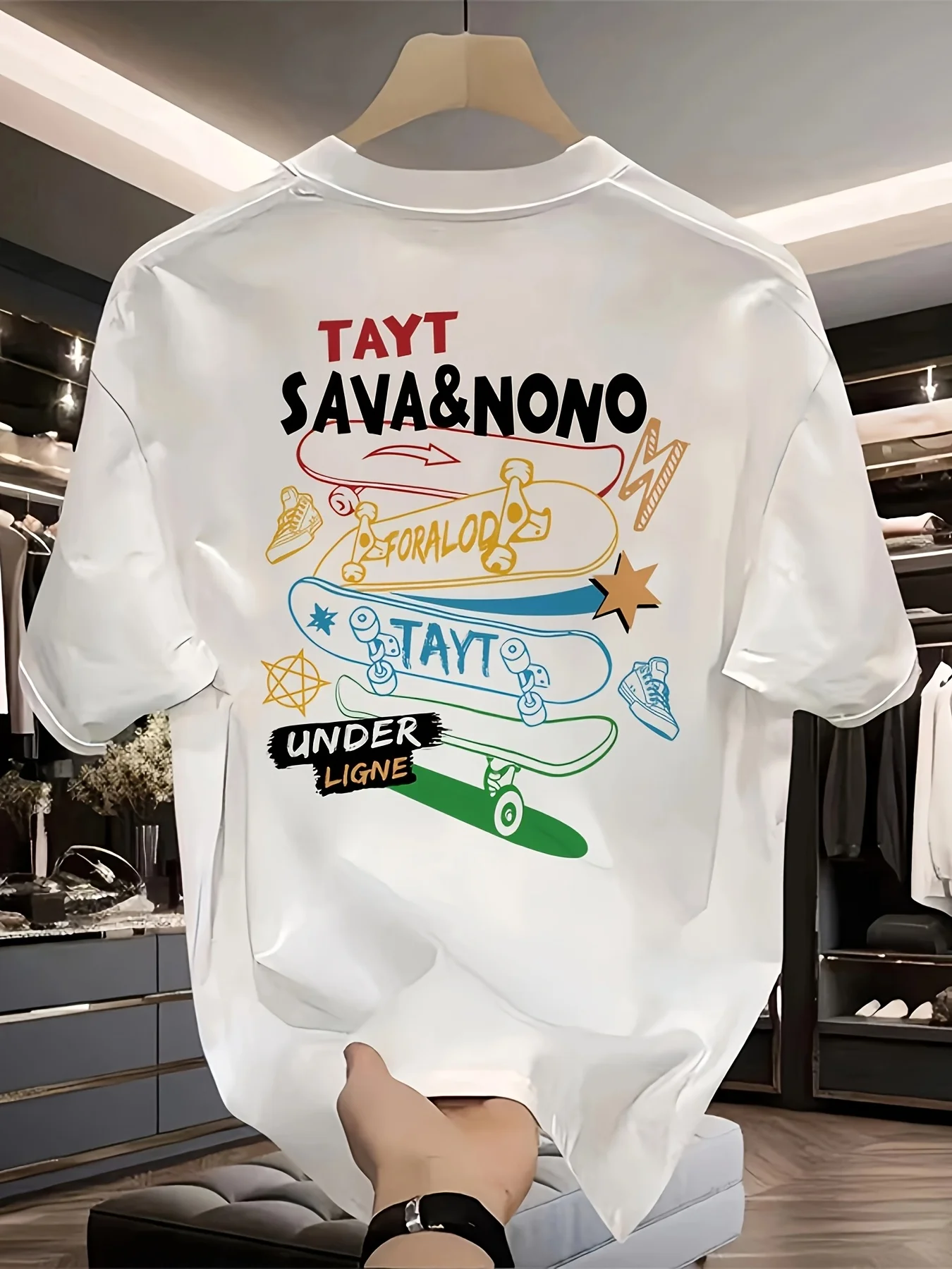 T-shirt ample pour homme en coton 100% avec imprimé graffiti au dos - Motif skateboard - Style streetwear décontracté à manches courtes