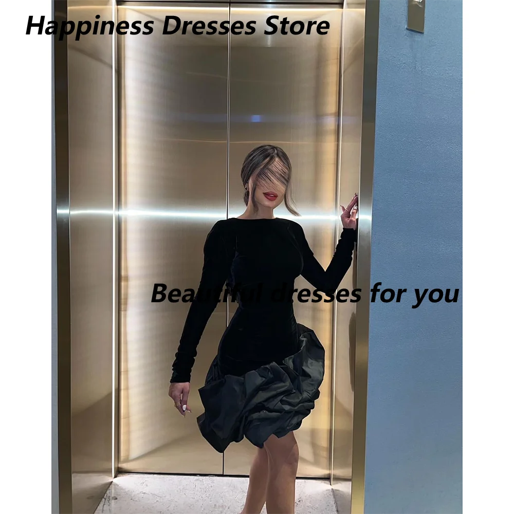 Black Short Prom Dress Customized Long Sleeve Mini Pleat A Line Evening Dress Tassel Opne Back Cocktail Party Dress Custom Color
