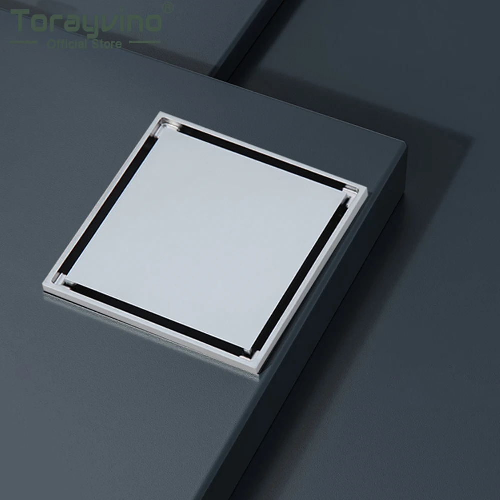 Torayvino Chrome Polished Shower Drain 10*10 Cm Insert Square Floor Waste Grates Bathroom Floor Drain Hair Invisible