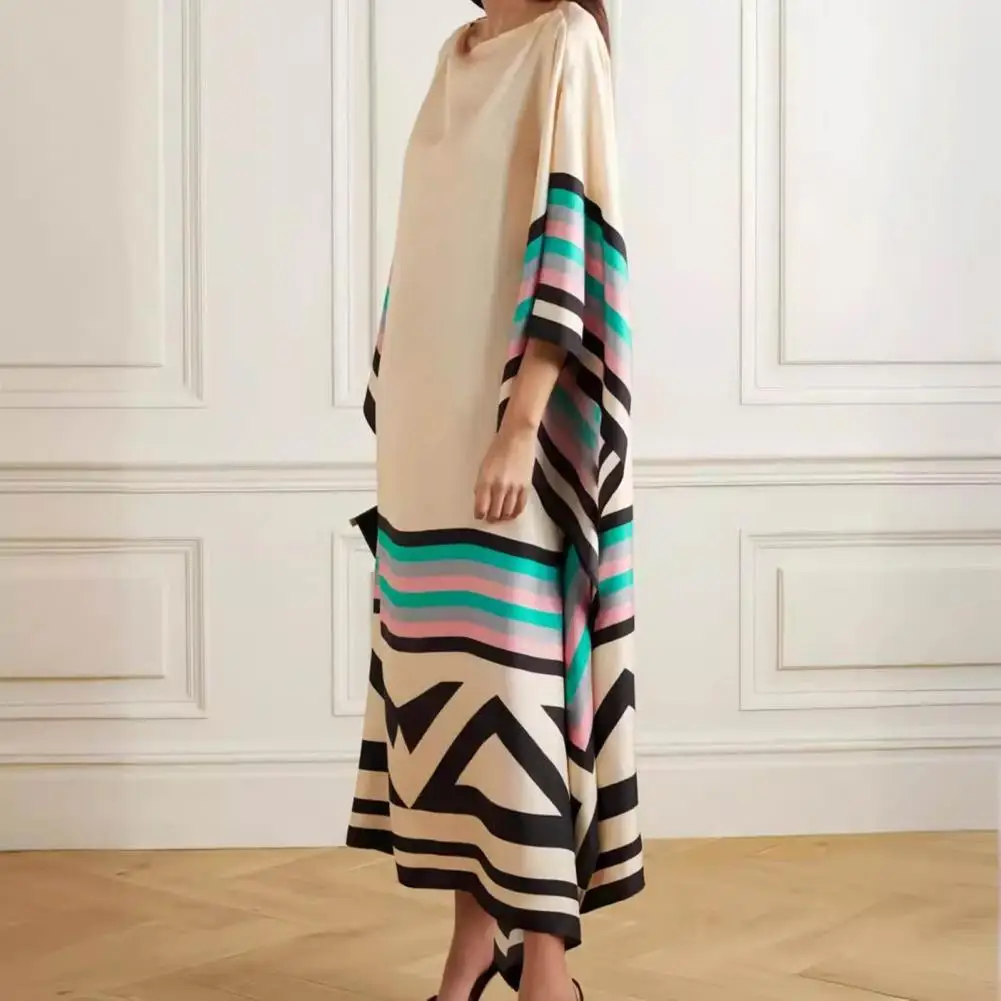 

Lady Maxi Dress Elegant Striped Maxi Dress with Boat Neck Irregular Flowy Hem for Women Long Sleeve Color Matching Loose