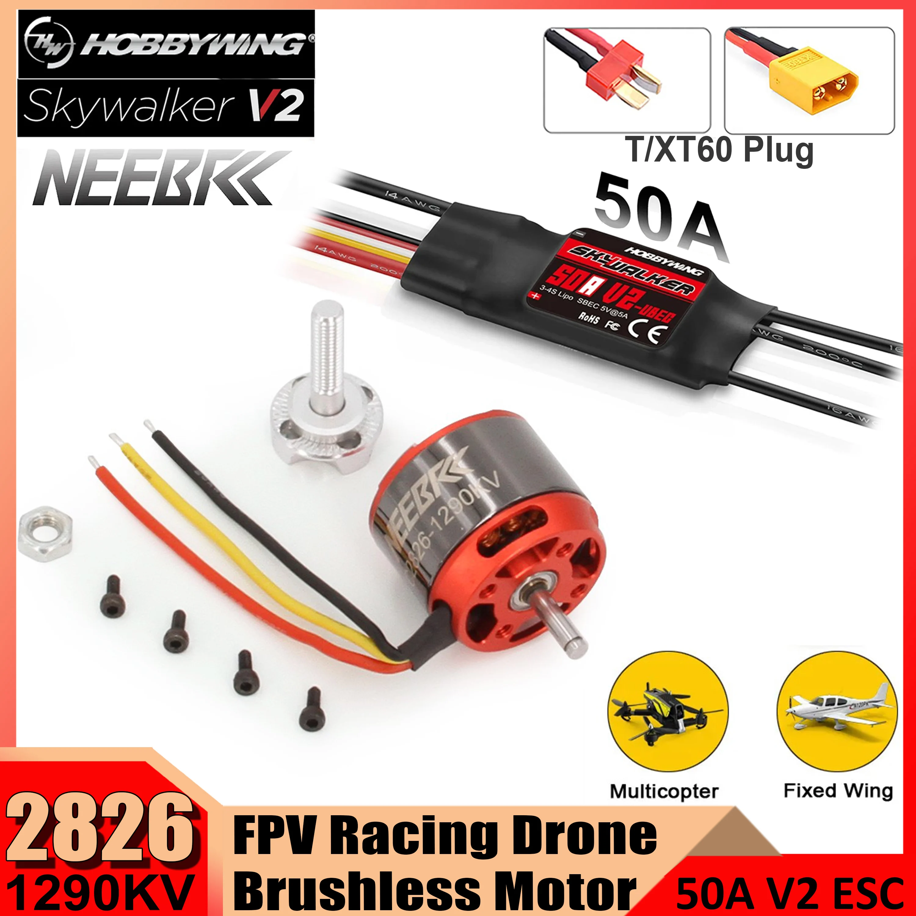 

Hobbywing Skywalker 50A V2 ESC Speed Controller T/XT60 Plug w/ 2826 1290KV Brushless Motor RC Engine for Dron FPV Quacopter 1290