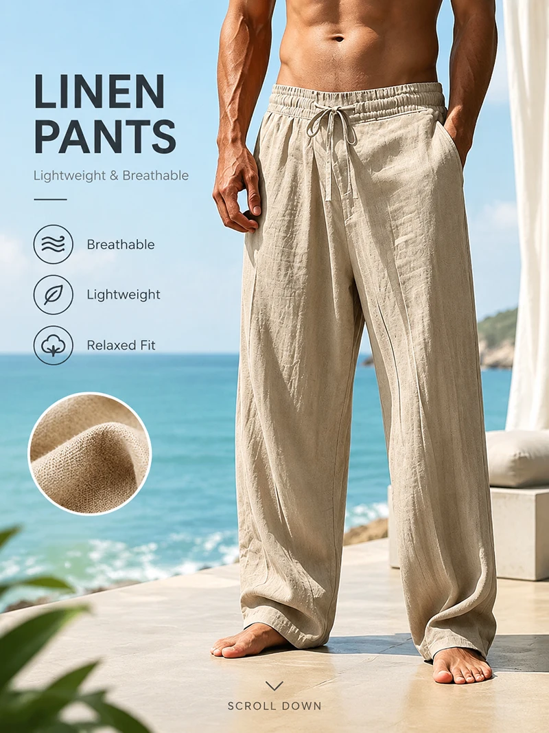 Men Linen Long Pants Drawstring Waist Loose Fit Solid Casual Daily Office Beach Vacation Outdoor Street Travel Everyday Wear