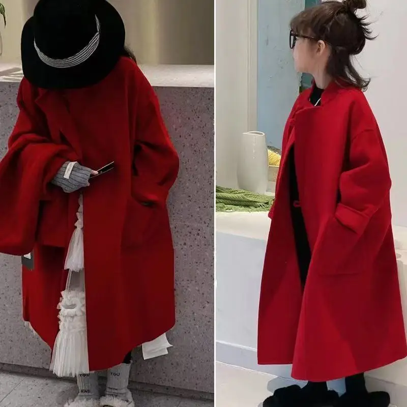 

Двустороннее кашемировое пальто в корейском стиле для девочек, осенне-зимнее детское шерстяное пальто, модное красное длинное пальто для девочек