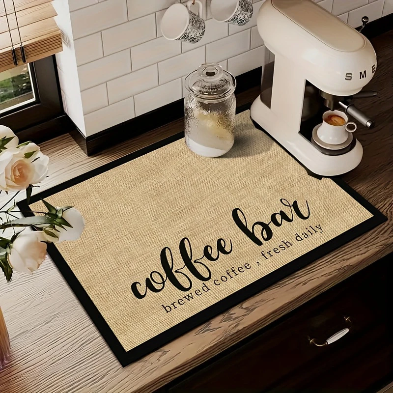 VIKAMA Kitchen Drain Mat Black Retro Coffee Bean Cup Latte Print Kitchen Counter Mat Highly Absorbent Fast Drying Anti Skid