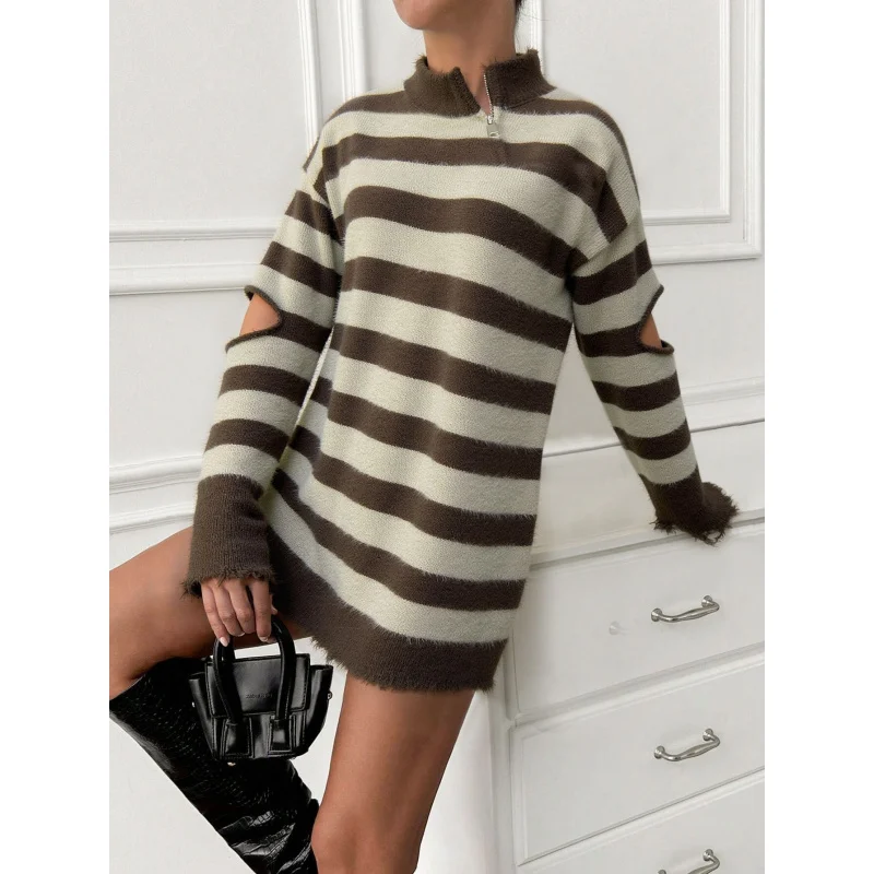 

YQ1-Autumn and Winter2025New Lazy Style Striped Sweater High-End Gentle Striped Knitted Thick Sweater for Women
