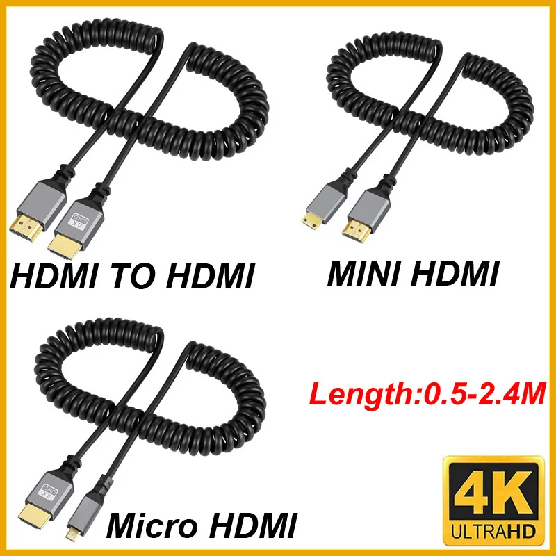 New 2026 4K@60HZ 0.5-2.4M Micro mini HDMI-Compatible TO HDMI Minihdmi Microhdmi Coiled Extension Flexible Spiral Cable Male to M