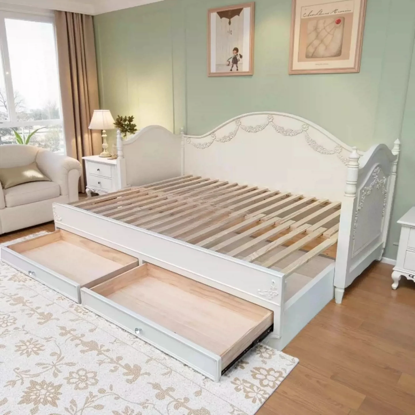 FOR Sofa bed retro old carved multi-functional children's single bed boys and girls stretchable storage dual-purpose bed