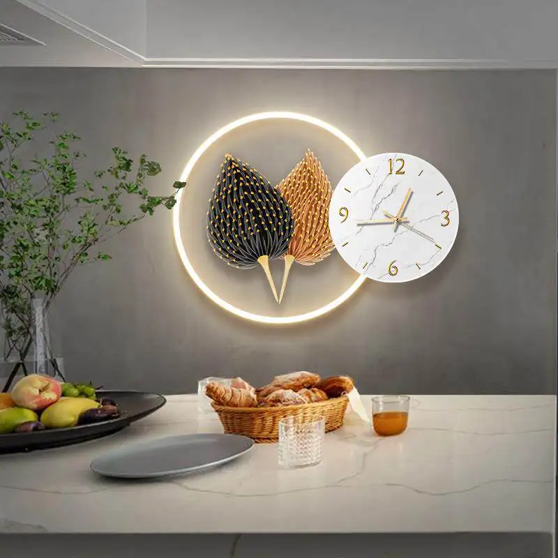 

Restaurant three-dimensional clock decoration painting, modern and simple LED light mural, crystal porcelain hanging painting