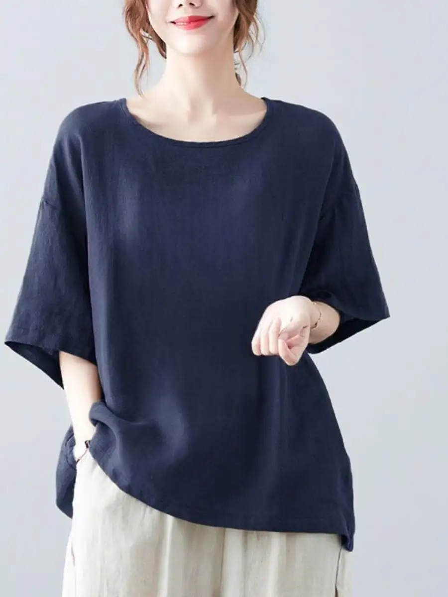 camiseta-feminina-de-algodao-e-linho-estilo-empresarial-manga-curta-gola-redonda-caimento-solto-top-de-verao-com-bolso-e-lenco