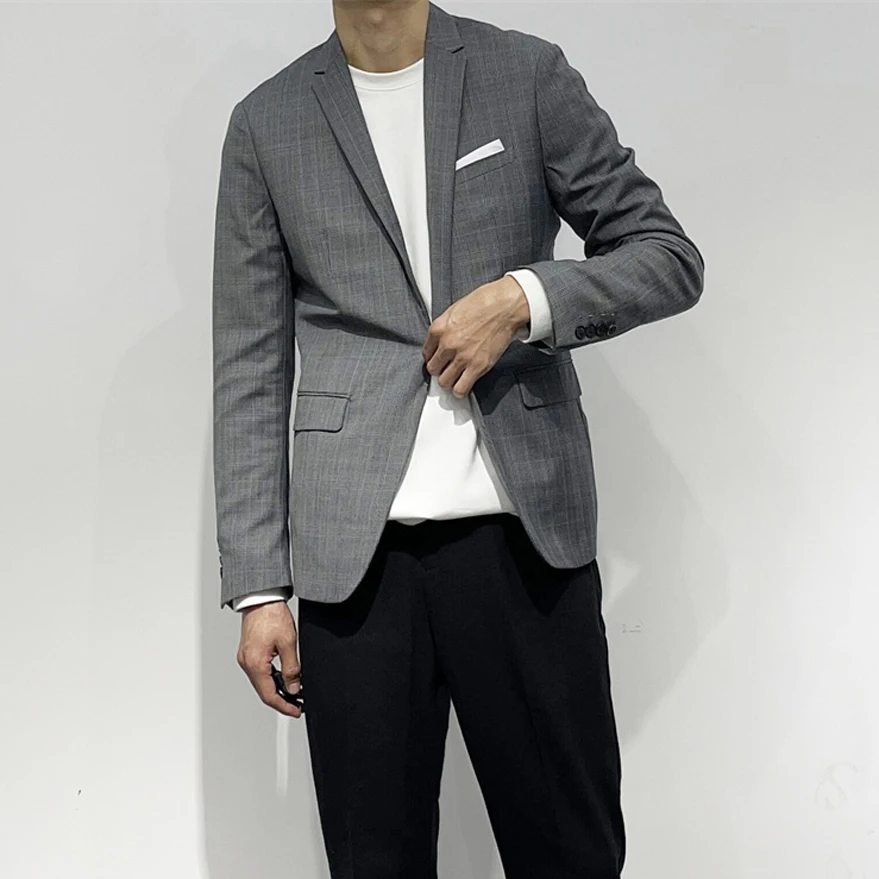 

Men's Slim Fit Wool Silk Narrow Collar Casual Suit ey Plaid Single-breasted Faionable Urban Sle Long Sve Suit Jaet