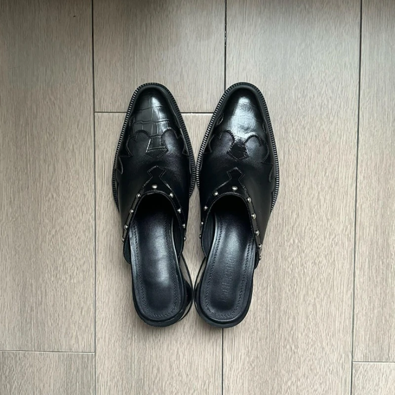 2026 New Women Vintage Round Toe Block Heel Mules, Personalized Closed Toe Slip on Half Slippers Japanese Style Versatile Slides