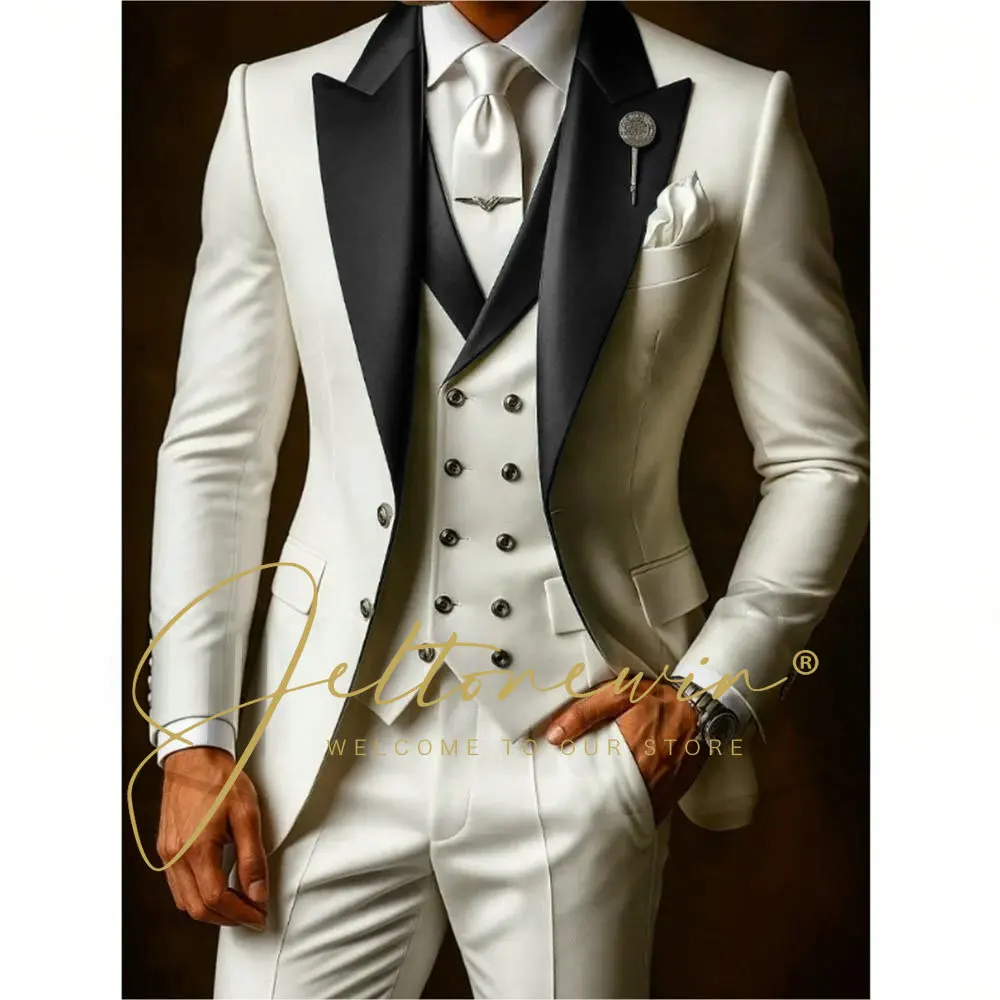 

White Suits Set For Men Wedding Party Fashion Blazer Vest Pants Formal Groomsmen Tailor-made Male High Quality Groom Tuxedos