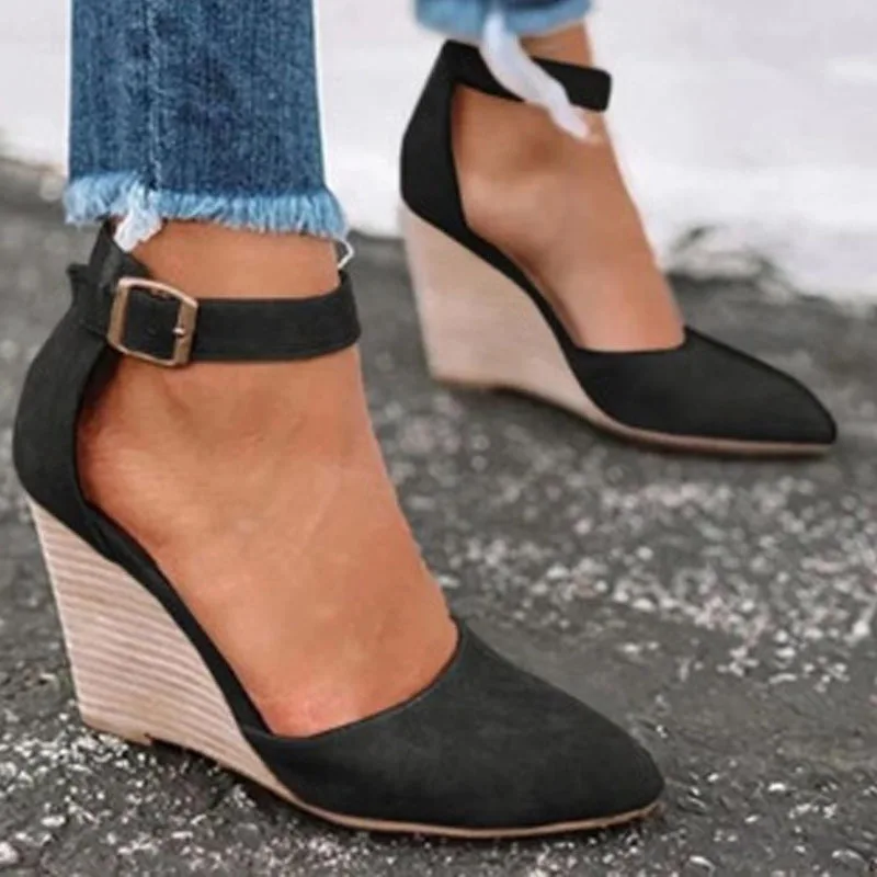 Large Size Pointed Heel Sandals Female Shoe Clogs Wedge Buckle 2025 Women's Big Girls Platform Fashion Velvet High New Slides Fa