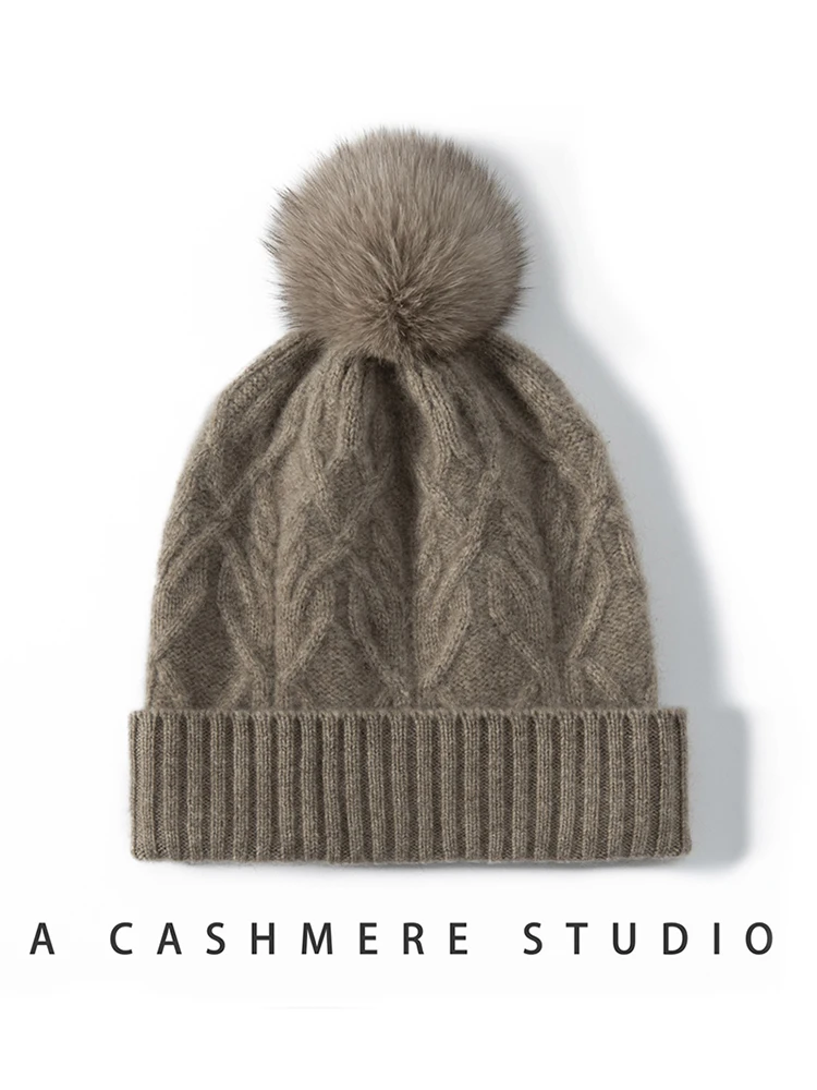 Autumn Winter Women Cashmere Hat 100% Cashmere Cable Knitting Hats Warm Pullover Caps Casual Simple Style Cashmere Hats Tops