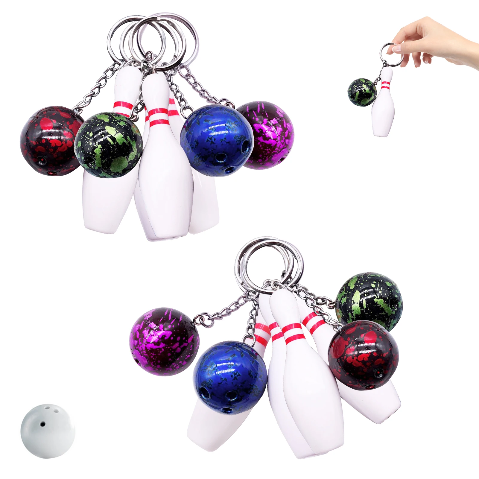 8pcs Bowling Keychain PVC Key Pendant Bag Mini Simulation Bowling Party Metal Key Ring Sports Enthusiasts Birthday Gift Keyring