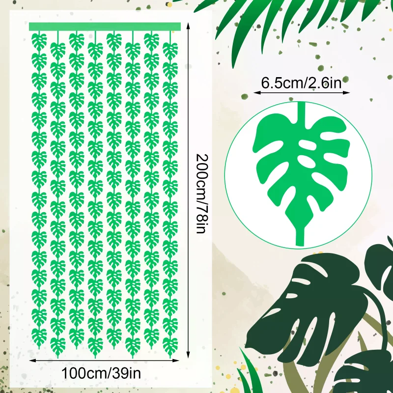 2 Pack Tropical Party Decorations 3.3x6.6ft Green Palm Leaves Photo Booth Prop Summer Jungle Leaf Foil Fringe Curtains For Hawai