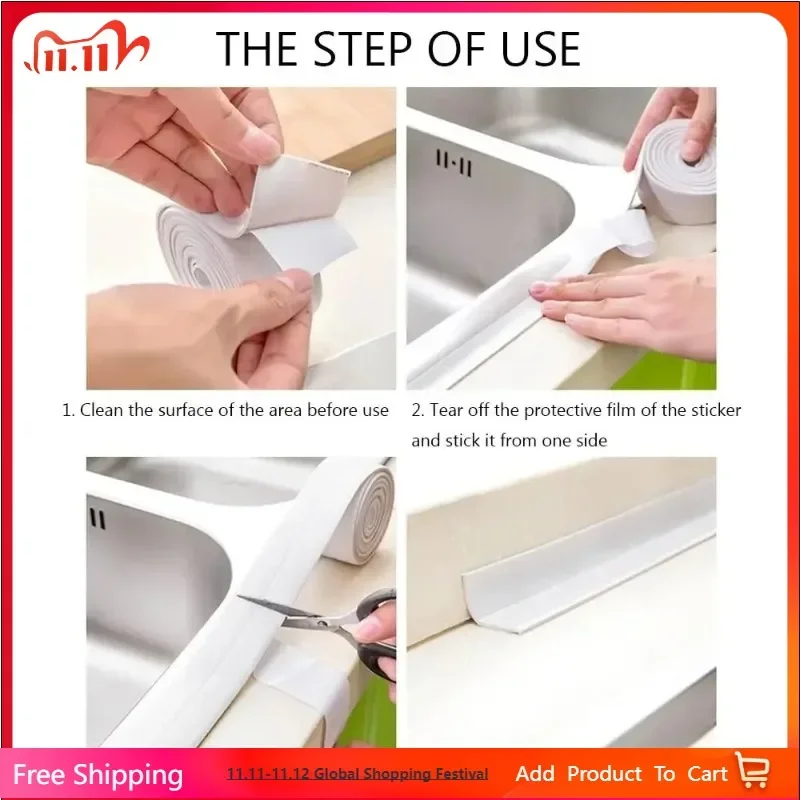 Waterproof Bathroom Kitchen Accessory - Self Adhesive Caulk Strip Sealant Tape for Shower Bath Side Wall Edges Anti-Mold Sink Ed