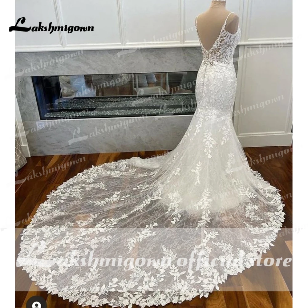 Lakshmigown alças de espaguete renda sereia vestidos de casamento frisado apliques capela trem vestidos de casamento de luxo para mulher