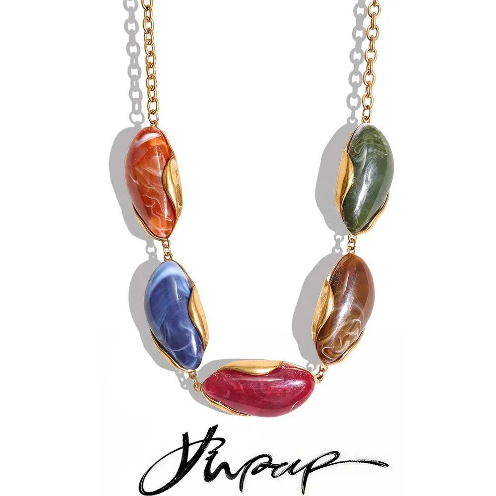 Yhpup Exklusives Design Edelstahl-Harz-Kettenhalskette Herbst-Winter-Stil Statement Halsschmuck Wasserdicht