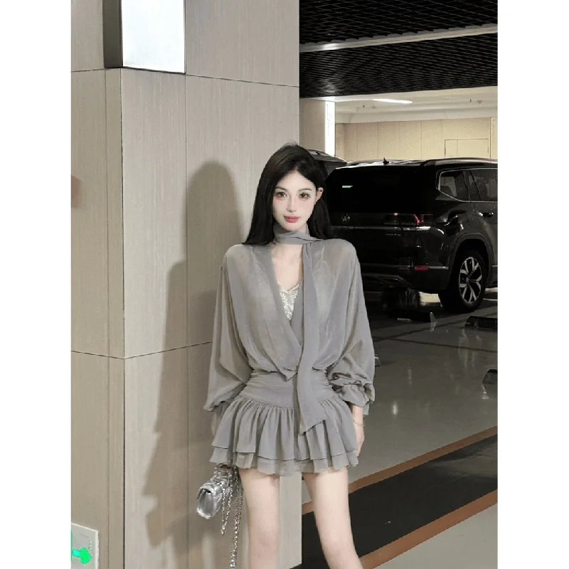 Ele Hohe Taille A-Linie Dr Damen Long Sve Sexy Design Sinnlich Drapiert Midi Dr Polyesterfaser Herbst Winter Neu A...