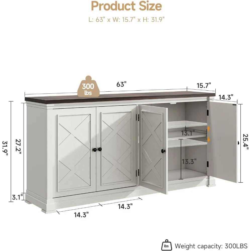 ONBRILL 63インチ バッフェキャビネット 収納付き、大型サイドボードキャビネット 4つの納屋戸付き、調節可能な棚、木製コーヒーバー