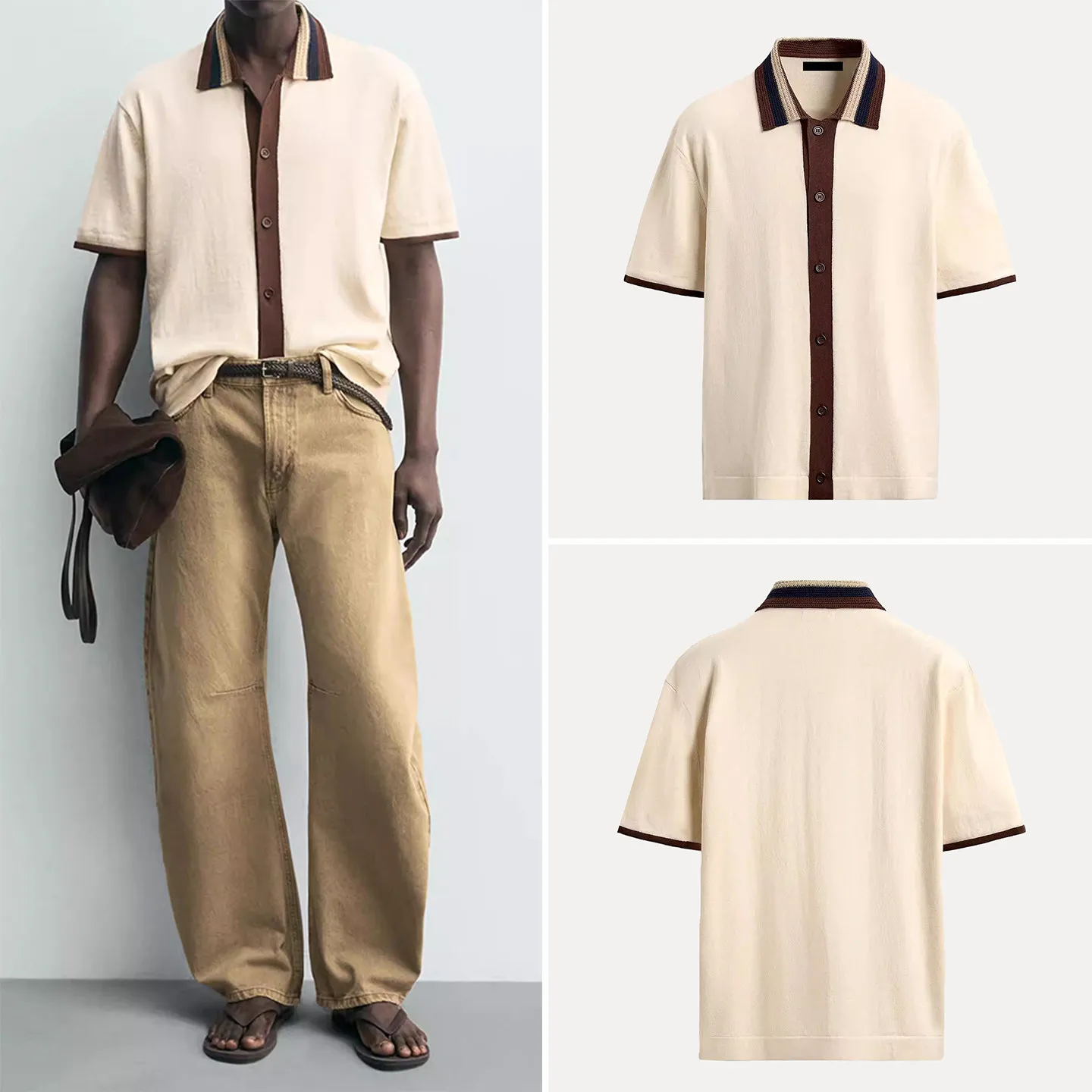 

Модная свободная вязаная рубашка с коротким рукавом в стиле колор-блок для мужчин, весна 2026, повседневная одежда, на одной пуговице