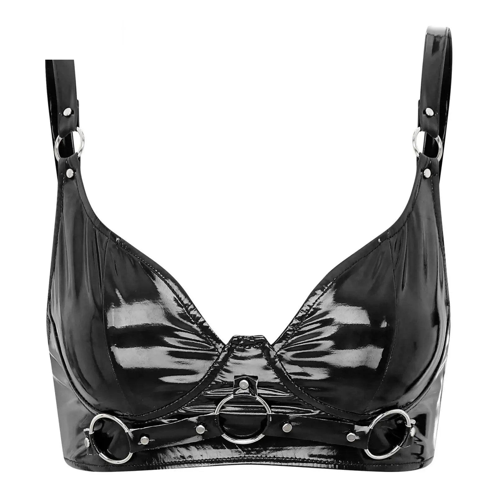 

Womens Wet Look Patent Leather Bra Top Gothic Punk Metal Clubwear O-Ring Rivets Buckle Wirefree Bralette Lingerie