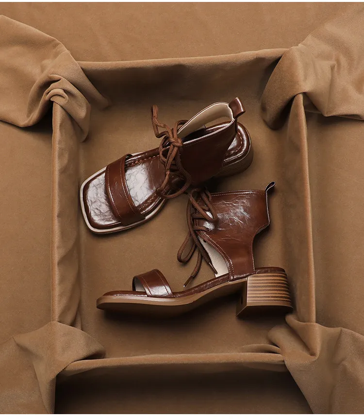 SHOEBOX Summer New Retro Strap High Top Leather Medium Thick Heel Strap Roman Sandals for Women