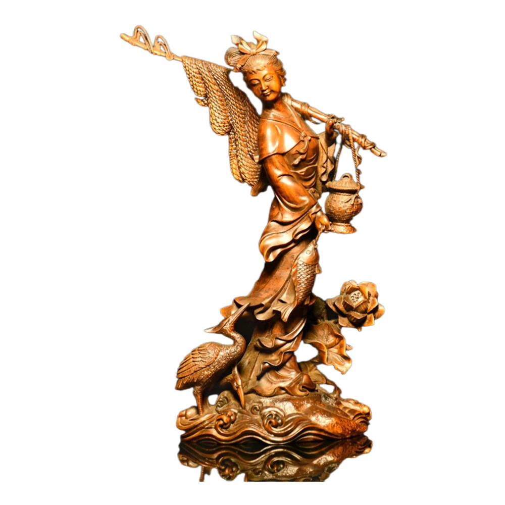 Wooden Sculpture Home Decor Fisherwoman Statue Fish Crane Lotus Abundance Prosperity Longevity Purity Harmony Fertility Serenity