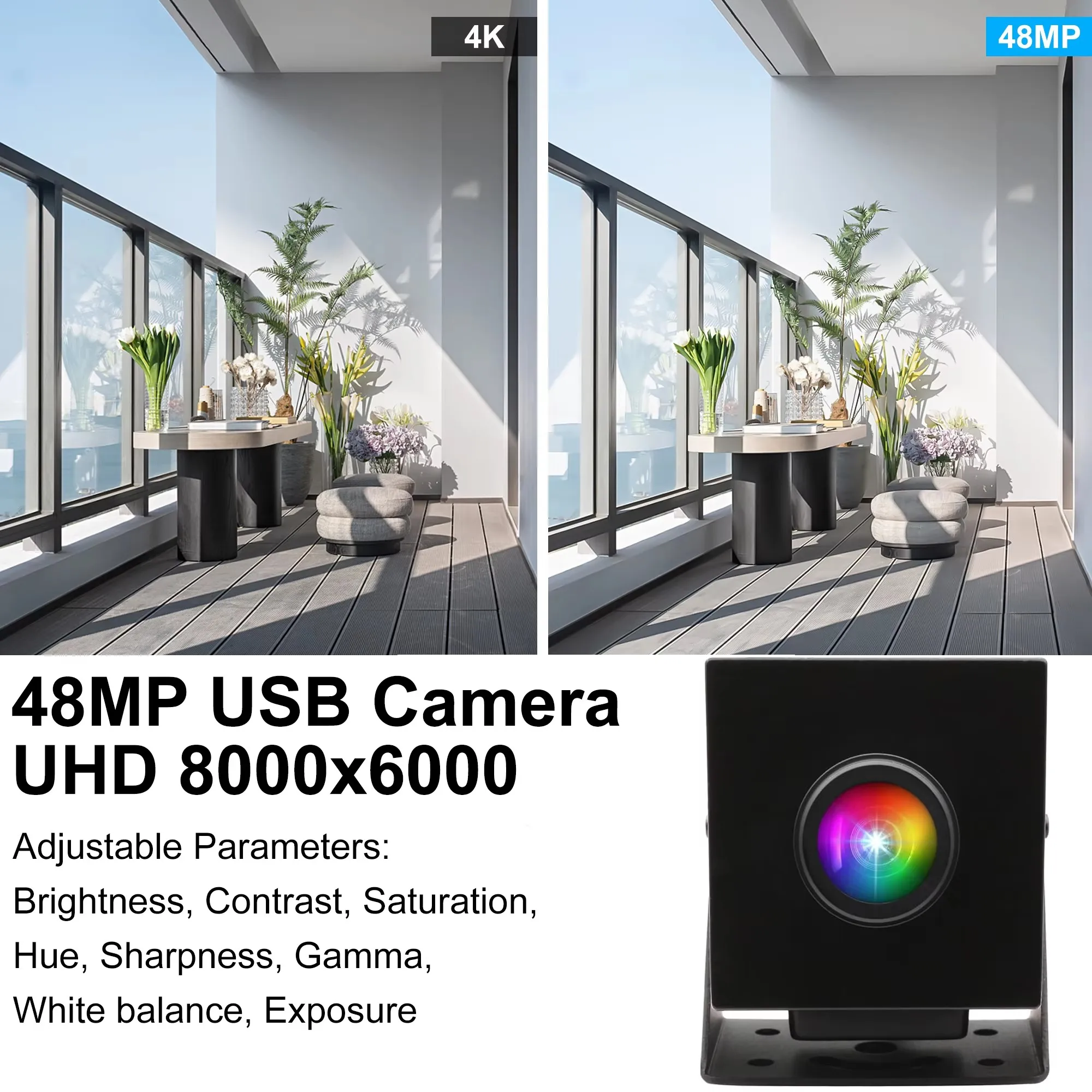 ELP 48MP USB Camera 4K 30fps CMOS IMX586 USB Webcam Wide Angle PC Camera with 200 Degree Fisheye Lens for Home Monitoring