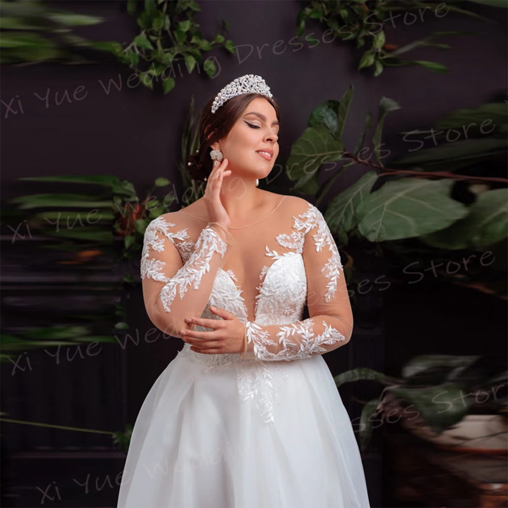 2025 elegante sexy uma linha vestidos de casamento para as mulheres rendas apliques vestidos de noiva o pescoço manga longa vestido de novia até o chão