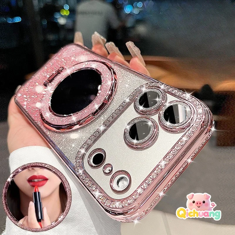 

Make-up Mirror Bracket Case For Samsung Galaxy S25 Edge S24 S23 S22 Plus Ultra FE Shining Glitter Bling Luxury Casing Back Cover