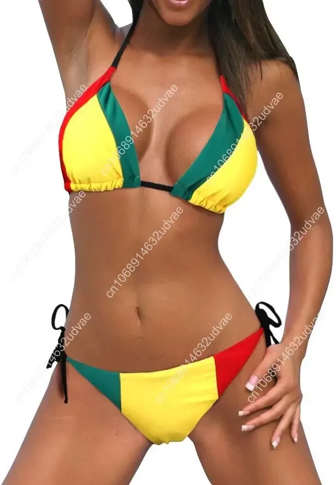 

Jamaican Caribbean Rasta Women's Fashion African Grassland Yellow Red Green Bikini Swimsuit Swimwear