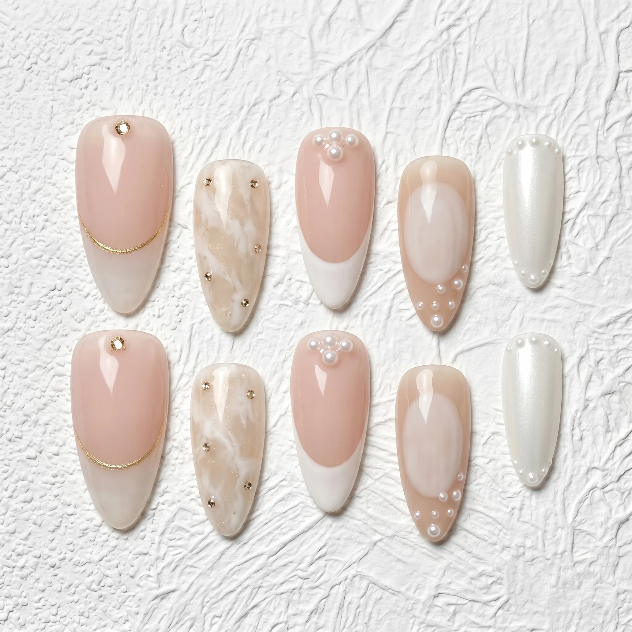 Artisan Handcrafted 10PCS Elegant Almond Press-On Nails | French Tips, Pearls, Gold Chains, Glitter, Bridal & Party Wear