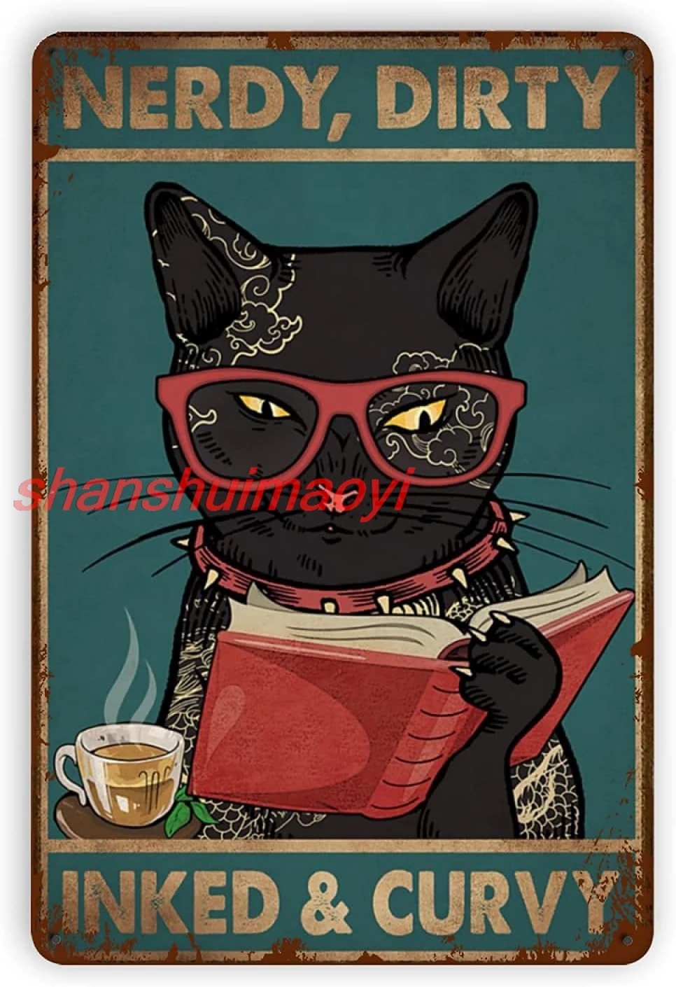 MAI Black Cat Read Book Nerdy Dirty Inked Curvy Metal Tin Signs, Vintage Wall Decor Retro Art Tin Sign Funny Home Farm Decorati