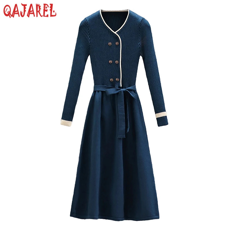 

Autumn Winter Black Knitted Cotton Patchwork Midi Dress Women New Long Sleeve Thick Warm Dress 2024 Korean Vintage Hepubrn Dress