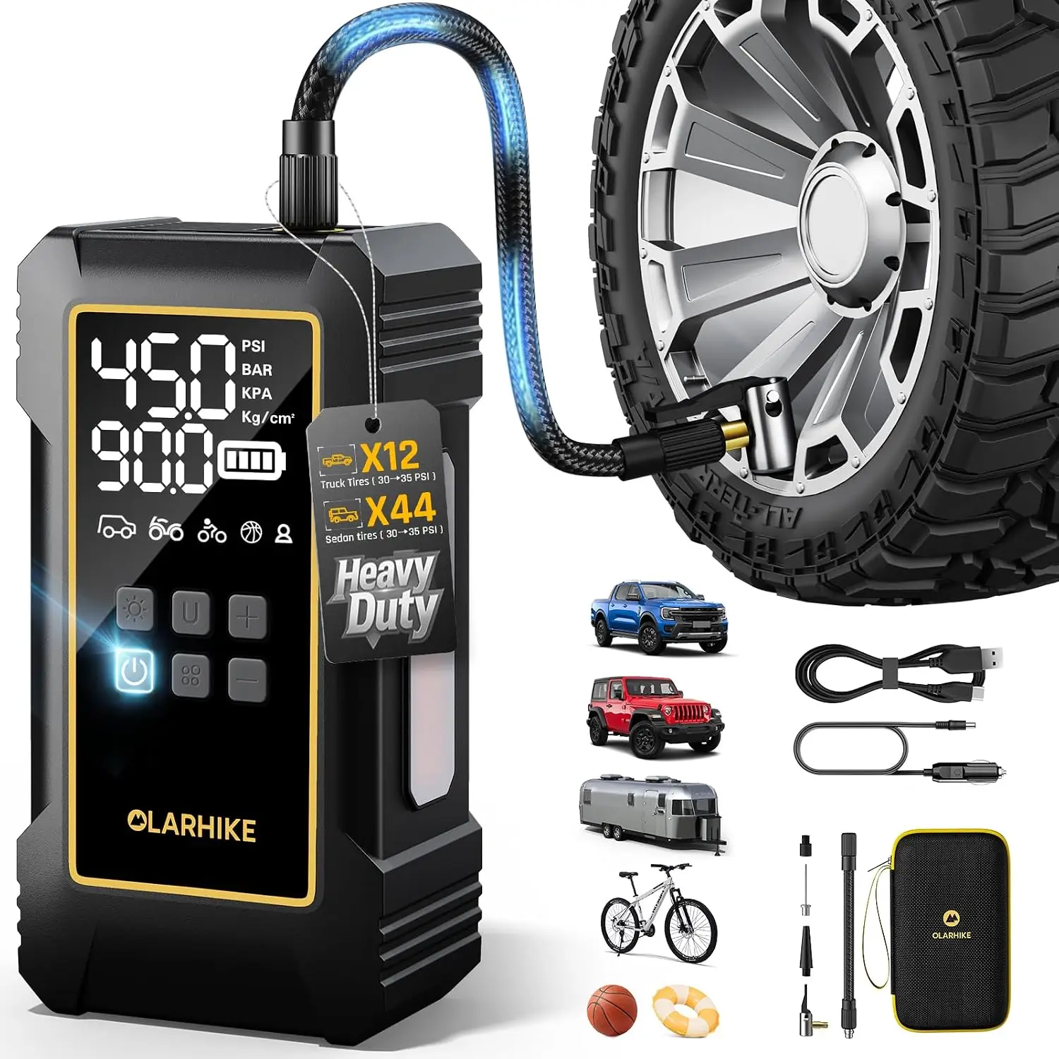 ^For 12000mAh Heavy Duty Tire Inflator Portable Air Compressor | Powerful, 7X Faster, 150PSI, Dual Power 12V&Cordless, For Car