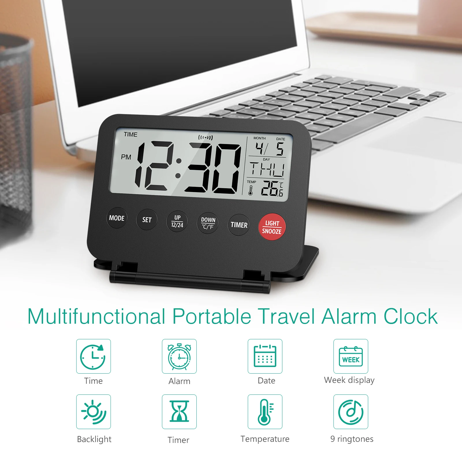 ORIA Reloj despertador digital plegable – LCD pequeño para viajes - imagen 2