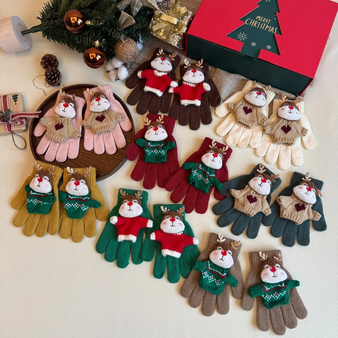 

Christmas Themed Five-Finger Gloves for Children 3-9 Years Old Warm Cold Weather Boys Girls Elk Design with Red Nose Fall Winter