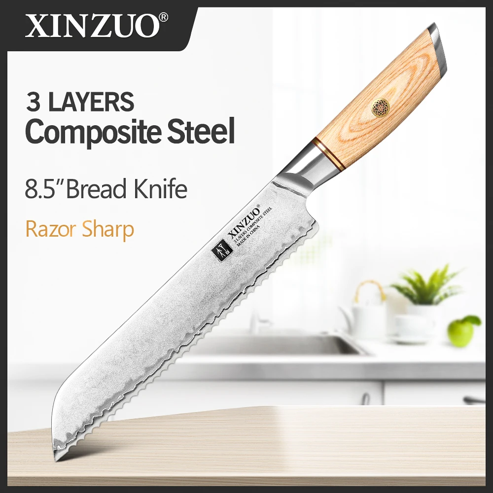 

XINZUO 8.5'' Serrated Bread Knife Clad Steel Long Baguette Cutter Stainless Steel Loaf Bread Slicer Cake Cutting Kitchen Knives