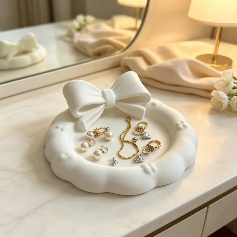 3D Three-Dimensional Bowknot Wavy Lace Jewelry Tray and Beauty Storage Rack, Large Capacity Matte Cream White Cosmetic Storage Tray, Girly Style Waterproof Bathroom Accessory, Suitable for Dressing Table Countertop Storage and Display of Rings, Necklaces, Earrings, Lipsticks, Perfumes, and Small Accessories
