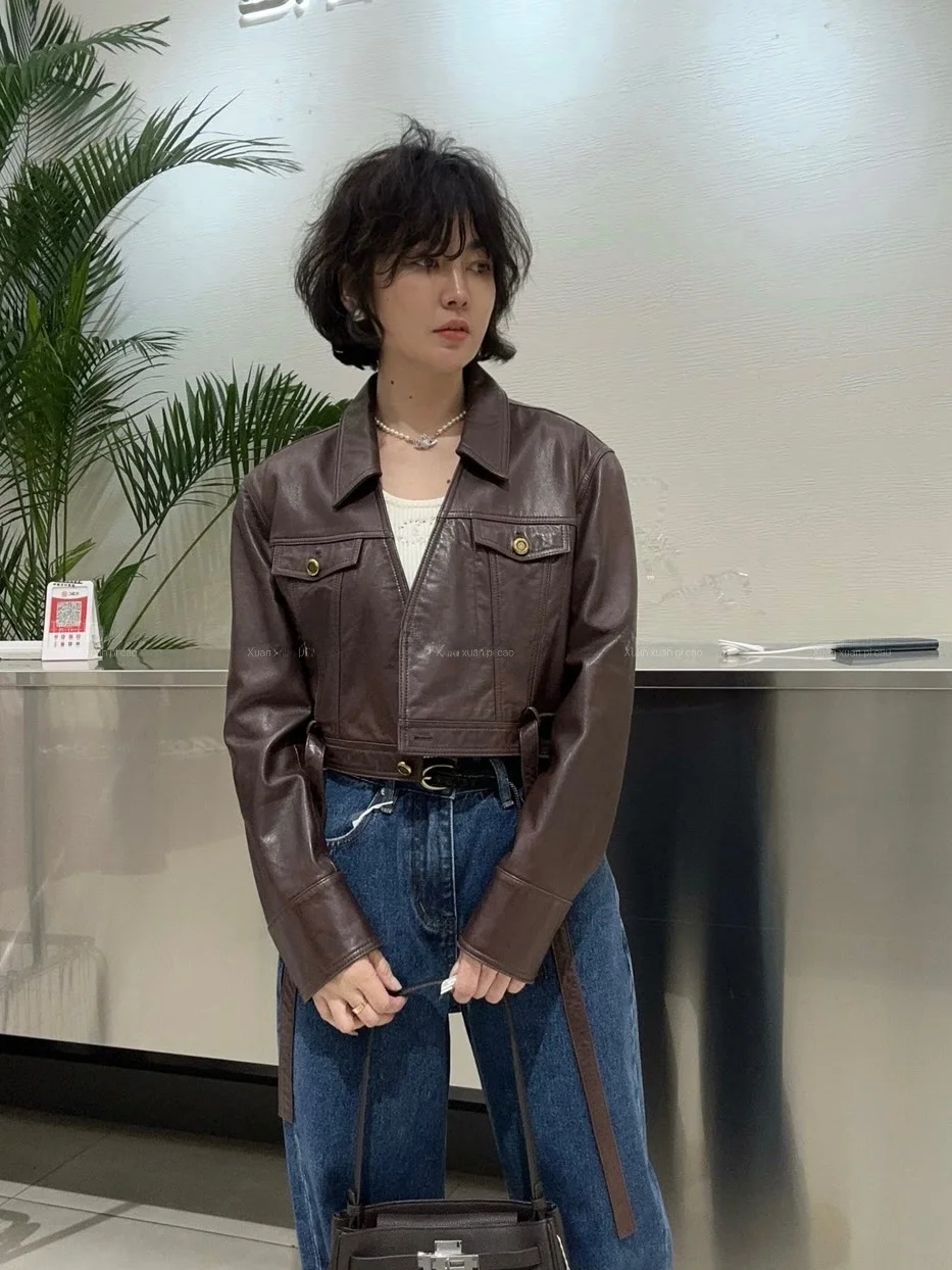 

Короткая красно-коричневая кожаная куртка в американском стиле для женщин, осенне-зимняя, модная, премиум-класса, для повседневной носки, свободного кроя, длинная.