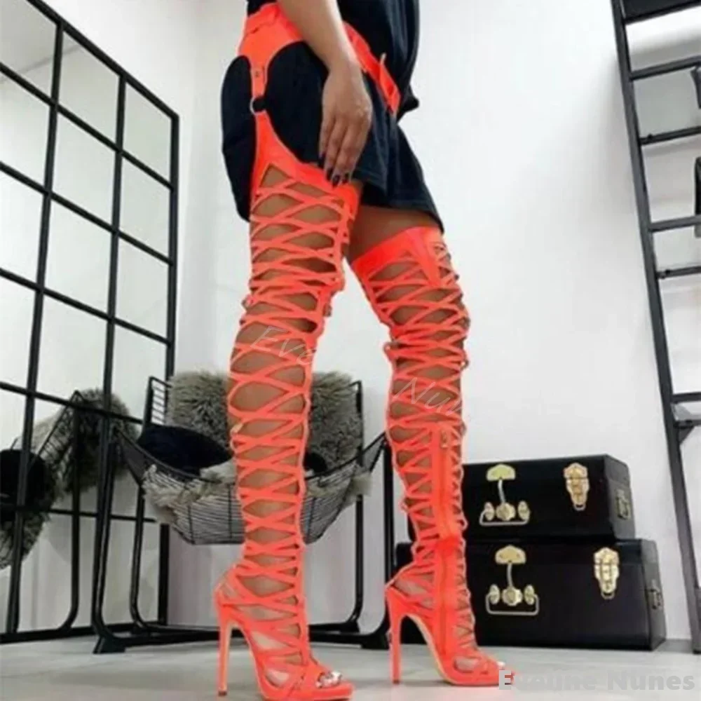 Shiny Hollow Over The Knee Sandals Women Open Toe Side Zipper Snake Pattern Silver Stiletto Heel Sandals 2024 Fashion Pants Boot