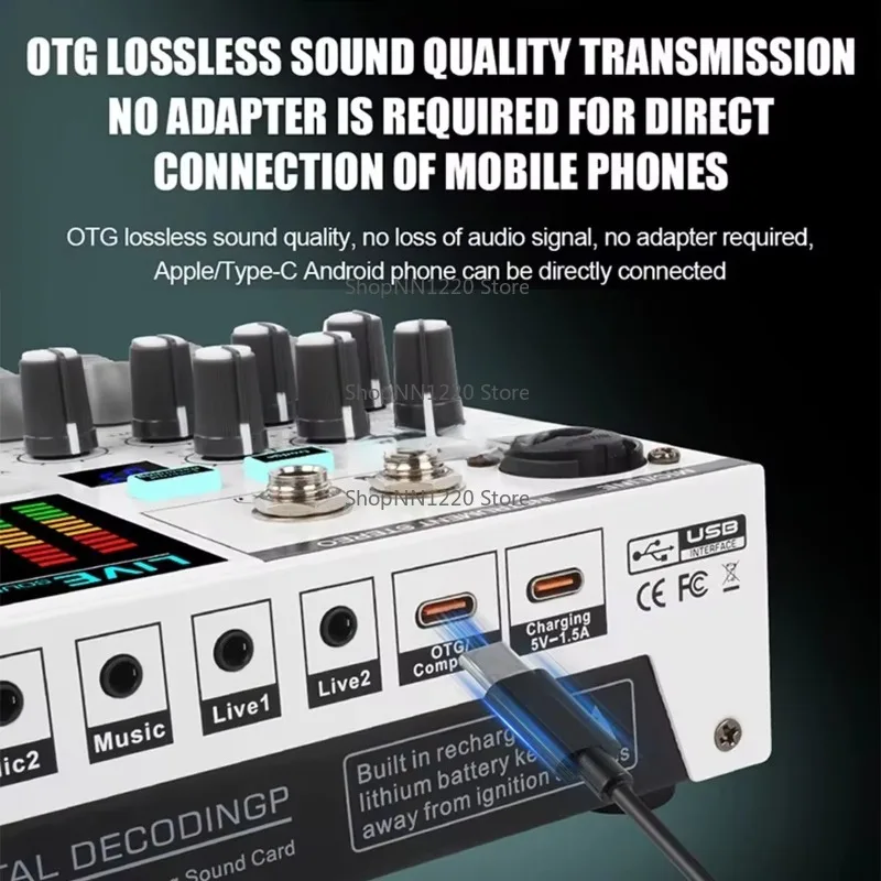 Digital Audio Mixing Interface Sound Card With Type-C OTG Noise Reduction BT 48V for Live Stream Recording