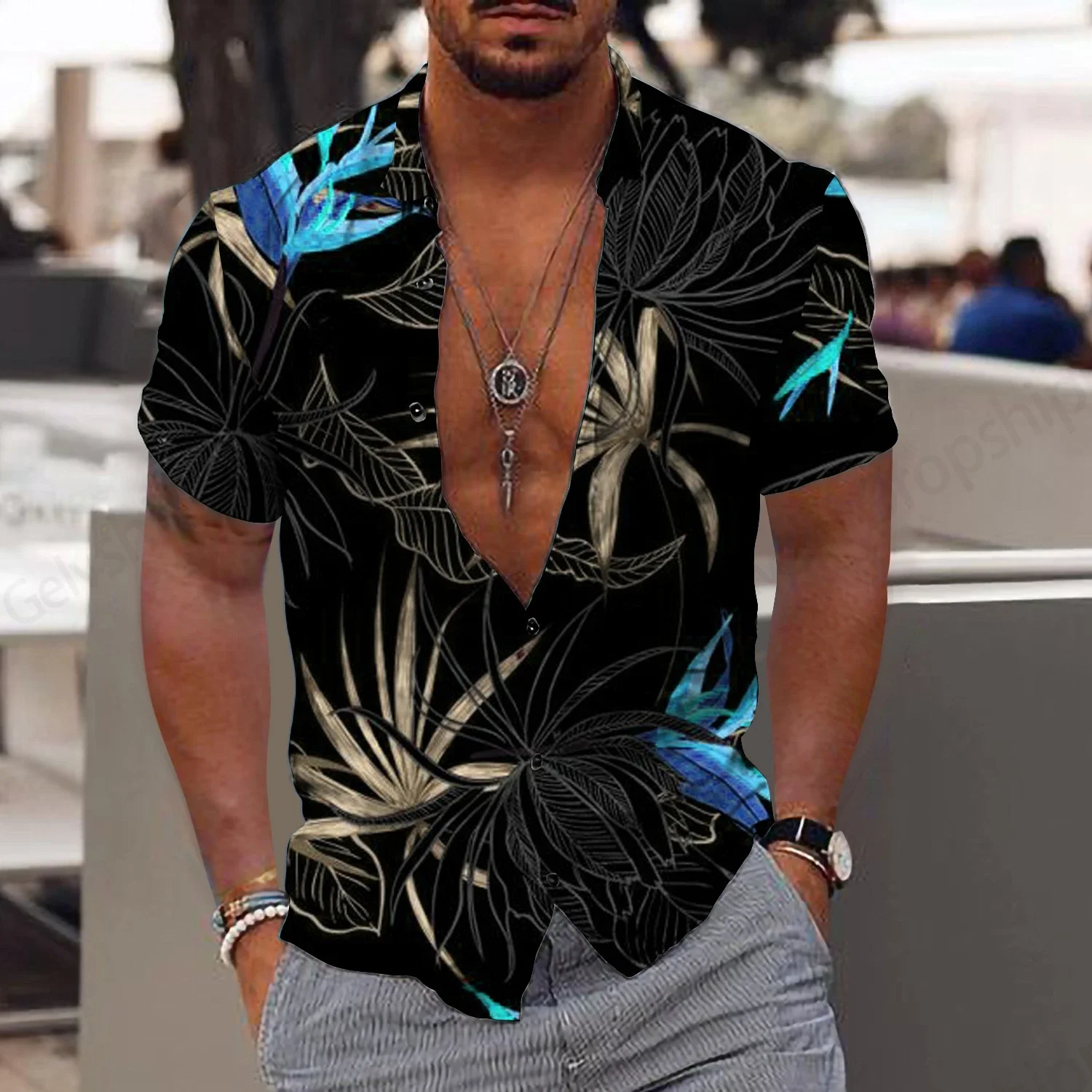 Men's Fashion Hawaiian Shirt Casual Beach Top Men's Clothing Men's Short Sleeve Lapel Simple Business Shirt Lapel Floral Shirt
