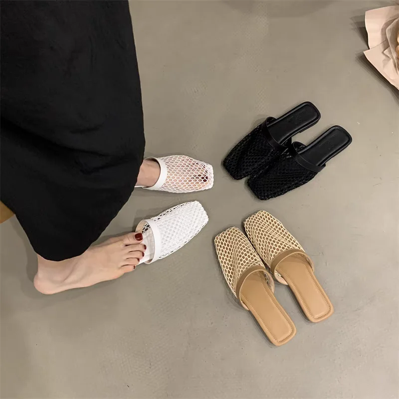 Summer Women Slippers Sexy Mesh Mules Indoor Home Slides Square Toe Female Flats Shoes Outdoor Clogs Beach Sandals Flip Flops