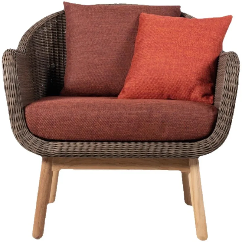 Outdoor solid wood rattan sofa courtyard simple leisure terrace villa balcony garden rattan chair furniture coffee table combina
