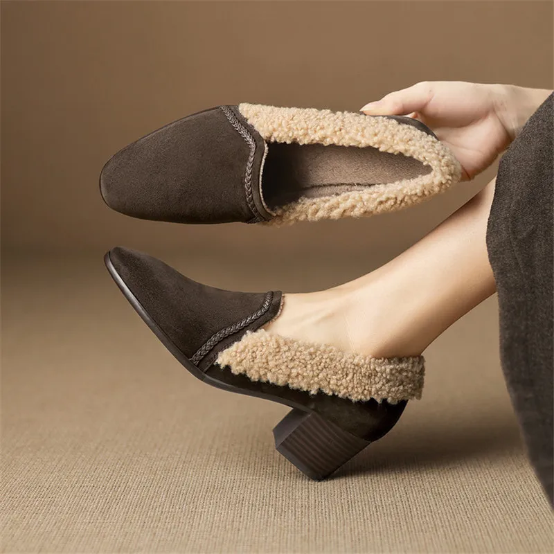 

New Autumn/winter Sheep Suede Women Shoes Fashion Retro Round Toe Shoes for Women High Heel Women Pumps Short Plush Warm Loafers