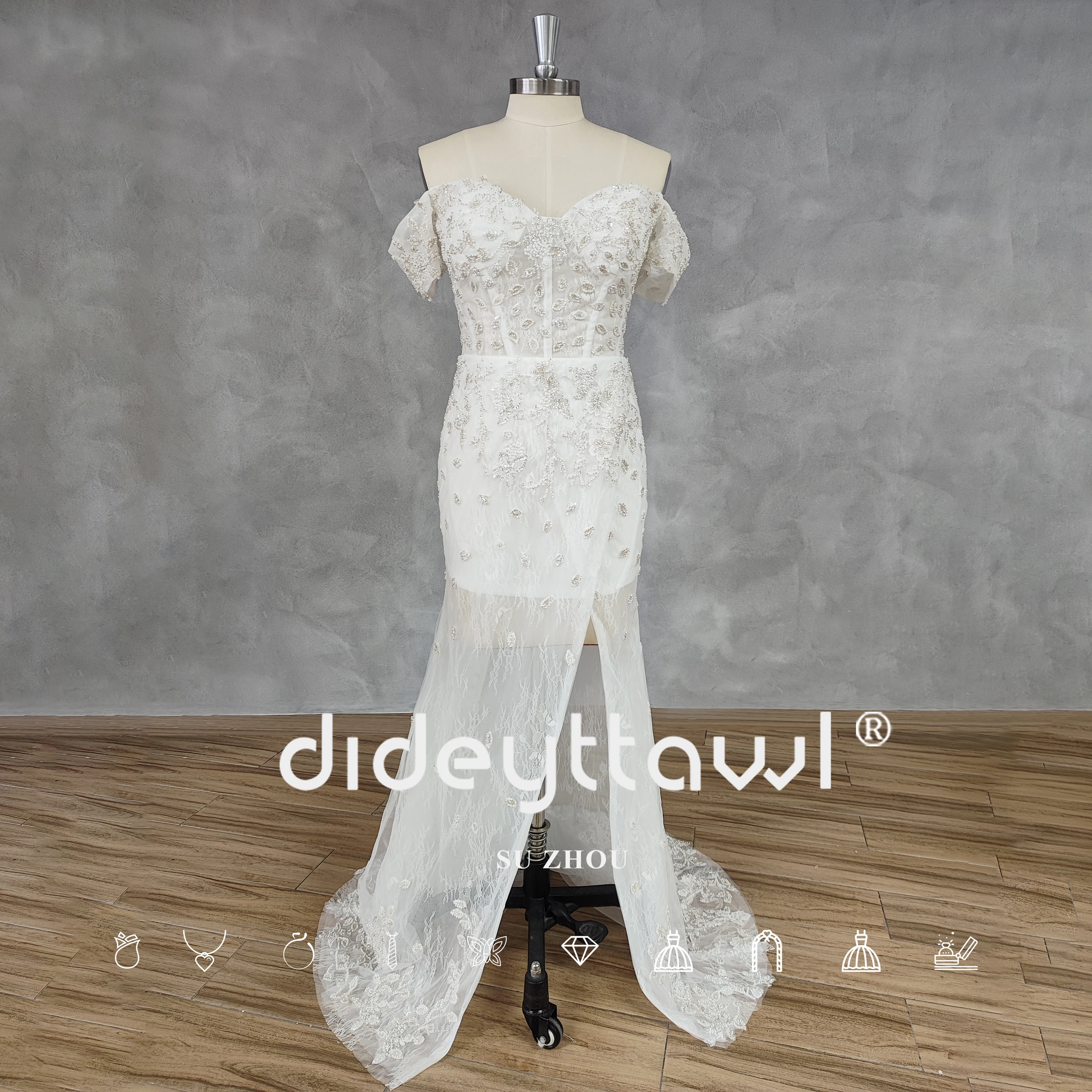 DIDEYTTAWL Real Picture Off-Shoulder Appliques Mermaid Wedding Dress Zipper Back Tulle High Side Slit Court Train Bridal Gown