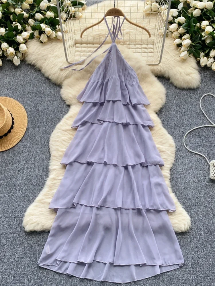 Women Hanging Neck Beach Dress Summer Mesh Sexy Backless Purple Layered Long Dresses Ladies Loose Elegant Long Robe Vestidos